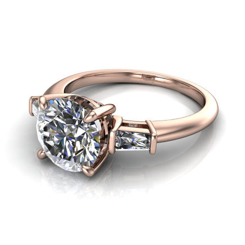 Jade round three stone engagement ring in 14K Rose Gold with tapered baguette side stones, three-quarter perspective view