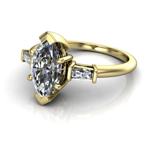 Jade marquise three stone engagement ring in 14K Yellow Gold with tapered baguette side stones, three-quarter perspective view