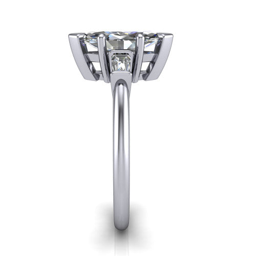 Jade marquise three stone engagement ring in Platinum with tapered baguette side stones, side profile showing the plain band and bar-set baguette