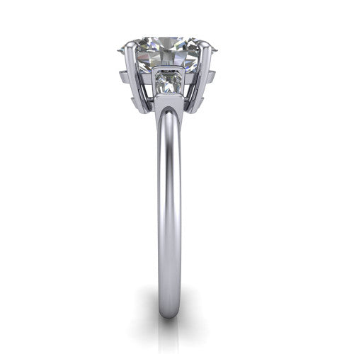 Jade oval three stone engagement ring in 14K White Gold with tapered baguette side stones, side profile showing the plain band and bar-set baguette