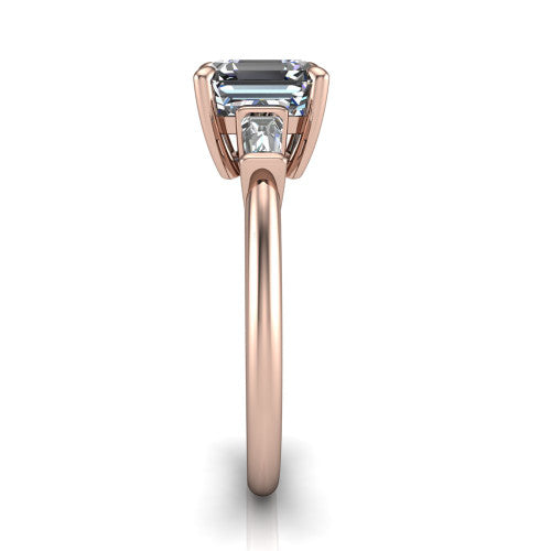 Jade asscher three stone engagement ring in 18K Rose Gold with tapered baguette side stones, side profile showing the plain band and bar-set baguette