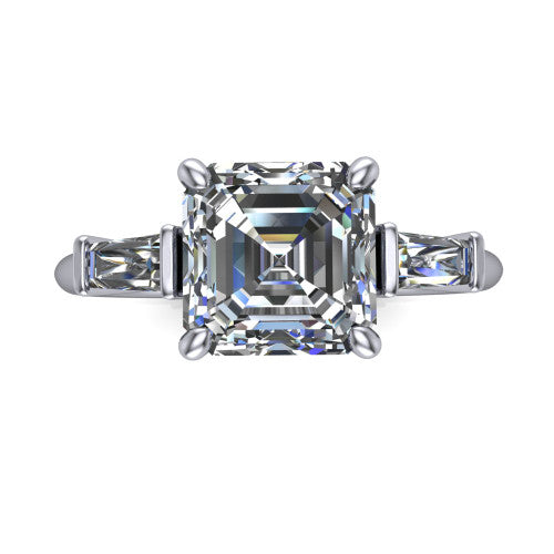 Jade asscher three stone engagement ring in Platinum with tapered baguette side stones, top-down view of the center stone and tapered baguette side stones