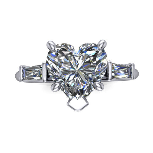Jade heart three stone engagement ring in Platinum with tapered baguette side stones, top-down view of the center stone and tapered baguette side stones