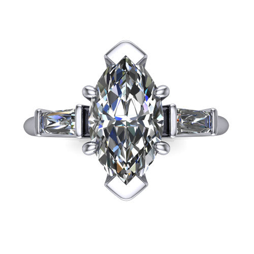 Jade marquise three stone engagement ring in 14K White Gold with tapered baguette side stones, top-down view of the center stone and tapered baguette side stones