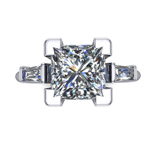 Jade princess three stone engagement ring in 14K White Gold with tapered baguette side stones, top-down view of the center stone and tapered baguette side stones
