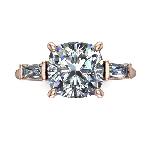 Jade cushion three stone engagement ring in 18K Rose Gold with tapered baguette side stones, top-down view of the center stone and tapered baguette side stones