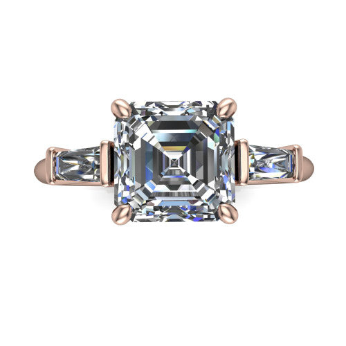 Jade asscher three stone engagement ring in 14K Rose Gold with tapered baguette side stones, top-down view of the center stone and tapered baguette side stones