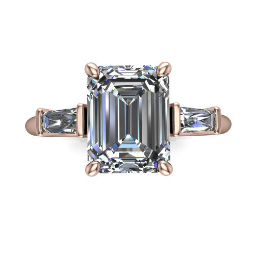 Jade emerald three stone engagement ring in 14K Rose Gold with tapered baguette side stones, top-down view of the center stone and tapered baguette side stones