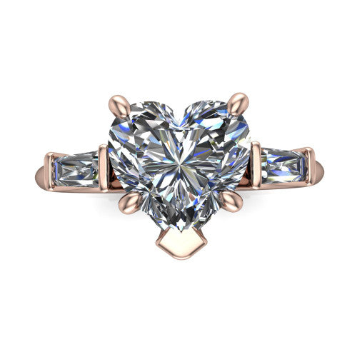 Jade heart three stone engagement ring in 18K Rose Gold with tapered baguette side stones, top-down view of the center stone and tapered baguette side stones