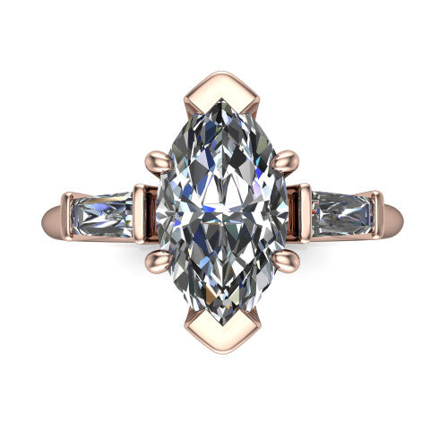 Jade marquise three stone engagement ring in 18K Rose Gold with tapered baguette side stones, top-down view of the center stone and tapered baguette side stones