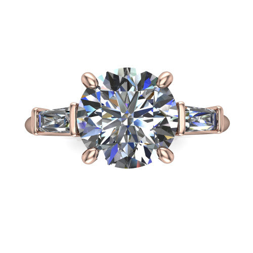 Jade round three stone engagement ring in 14K Rose Gold with tapered baguette side stones, top-down view of the center stone and tapered baguette side stones