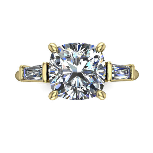 Jade cushion three stone engagement ring in 18K Yellow Gold with tapered baguette side stones, top-down view of the center stone and tapered baguette side stones
