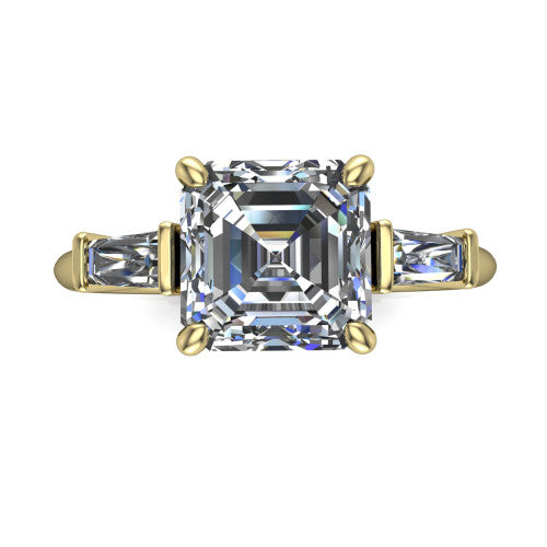 Jade asscher three stone engagement ring in 14K Yellow Gold with tapered baguette side stones, top-down view of the center stone and tapered baguette side stones
