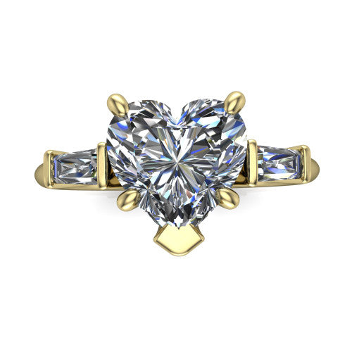Jade heart three stone engagement ring in 14K Yellow Gold with tapered baguette side stones, top-down view of the center stone and tapered baguette side stones