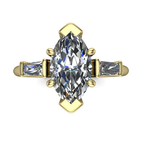 Jade marquise three stone engagement ring in 18K Yellow Gold with tapered baguette side stones, top-down view of the center stone and tapered baguette side stones