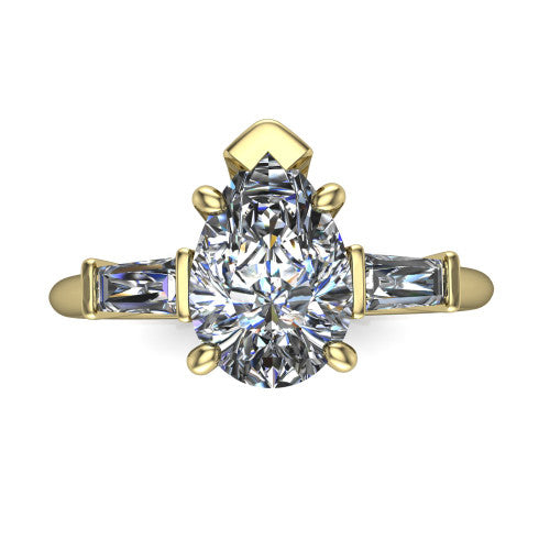 Jade pear three stone engagement ring in 14K Yellow Gold with tapered baguette side stones, top-down view of the center stone and tapered baguette side stones
