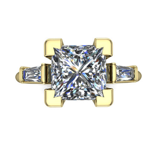 Jade princess three stone engagement ring in 14K Yellow Gold with tapered baguette side stones, top-down view of the center stone and tapered baguette side stones
