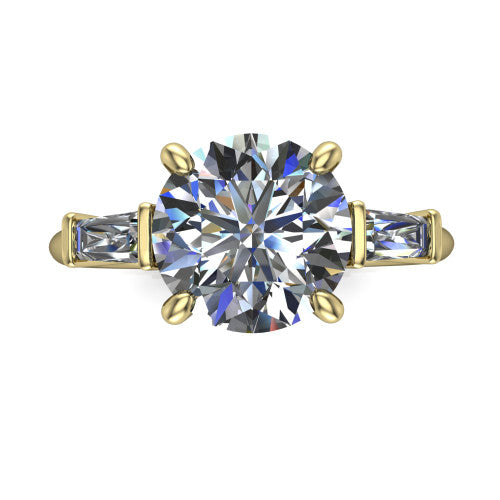 Jade round three stone engagement ring in 14K Yellow Gold with tapered baguette side stones, top-down view of the center stone and tapered baguette side stones