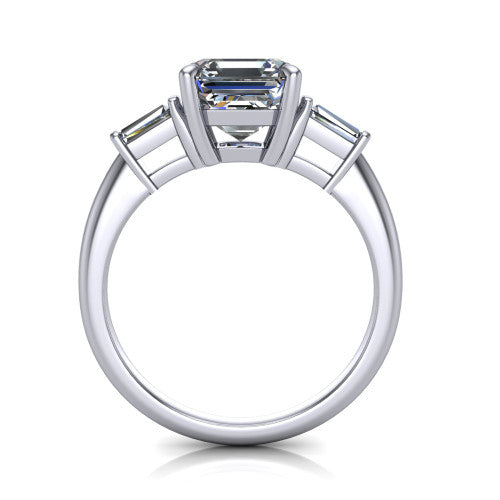 Jade asscher three stone engagement ring in 14K White Gold with tapered baguette side stones, through-finger front profile