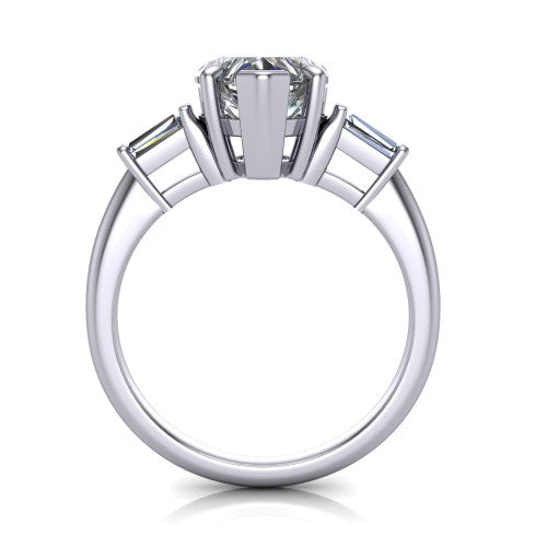 Jade heart three stone engagement ring in 14K White Gold with tapered baguette side stones, through-finger front profile