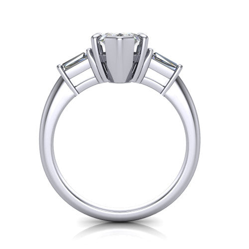 Jade marquise three stone engagement ring in 18K White Gold with tapered baguette side stones, through-finger front profile