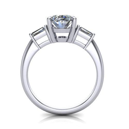 Jade oval three stone engagement ring in 14K White Gold with tapered baguette side stones, through-finger front profile