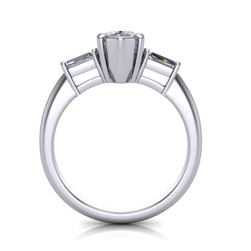 Jade pear three stone engagement ring in Platinum with tapered baguette side stones, through-finger front profile