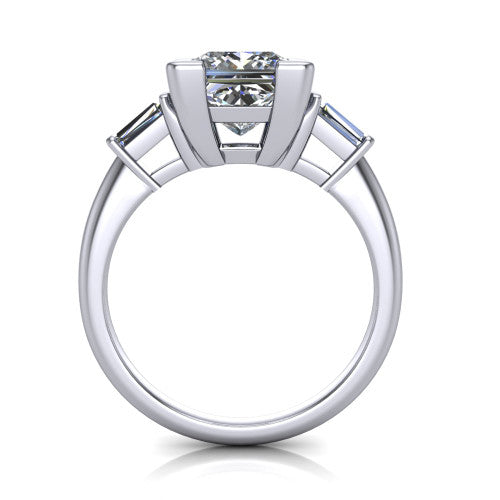 Jade princess three stone engagement ring in 18K White Gold with tapered baguette side stones, through-finger front profile
