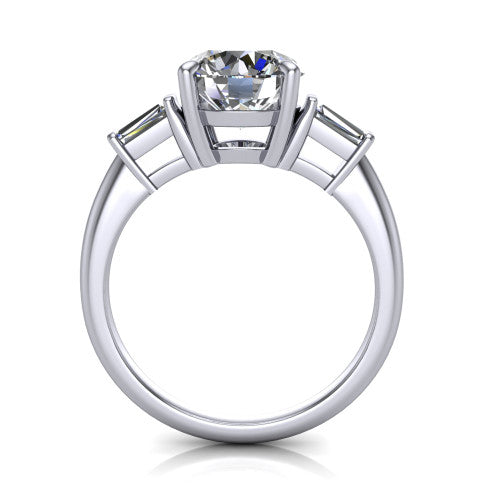 Jade round three stone engagement ring in Platinum with tapered baguette side stones, through-finger front profile