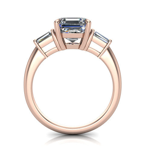 Jade asscher three stone engagement ring in 14K Rose Gold with tapered baguette side stones, through-finger front profile
