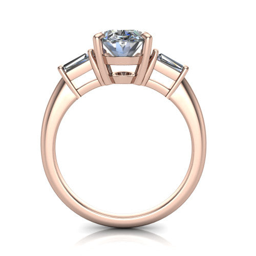 Jade oval three stone engagement ring in 14K Rose Gold with tapered baguette side stones, through-finger front profile