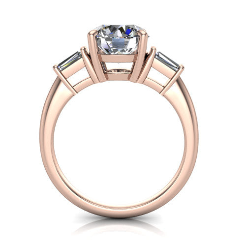 Jade round three stone engagement ring in 18K Rose Gold with tapered baguette side stones, through-finger front profile