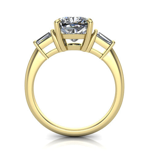 Jade cushion three stone engagement ring in 14K Yellow Gold with tapered baguette side stones, through-finger front profile