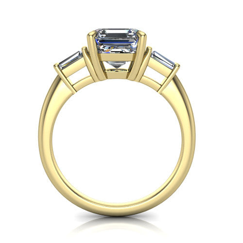 Jade asscher three stone engagement ring in 18K Yellow Gold with tapered baguette side stones, through-finger front profile