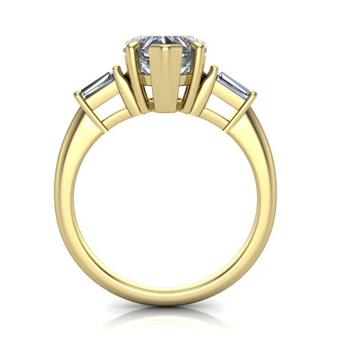 Jade heart three stone engagement ring in 18K Yellow Gold with tapered baguette side stones, through-finger front profile