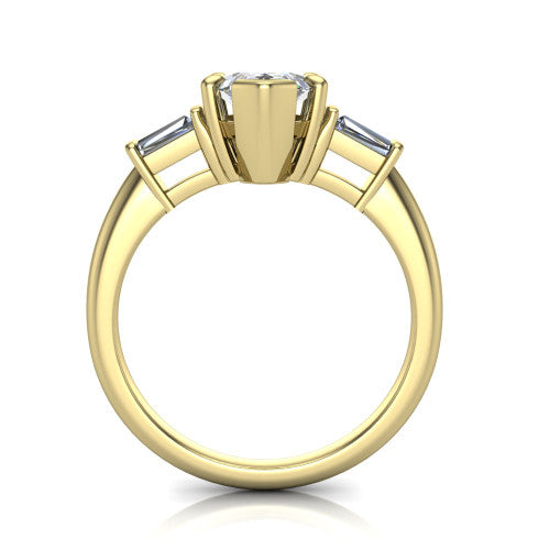 Jade marquise three stone engagement ring in 14K Yellow Gold with tapered baguette side stones, through-finger front profile