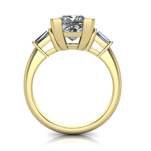 Jade princess three stone engagement ring in 18K Yellow Gold with tapered baguette side stones, through-finger front profile