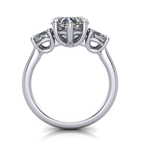 Emma heart three stone engagement ring in 14K White Gold, through-finger front profile showing the three-stone head raised above the slim polished shank and trellis gallery