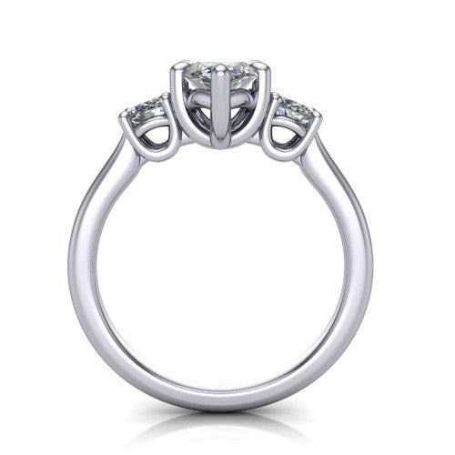 Emma marquise three stone engagement ring in 14K White Gold, through-finger front profile showing the three-stone head raised above the slim polished shank and trellis gallery