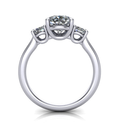 Emma pear three stone engagement ring in Platinum, through-finger front profile showing the three-stone head raised above the slim polished shank and trellis gallery