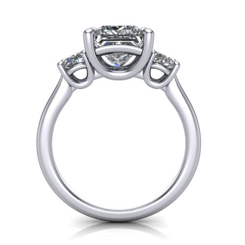 Emma princess three stone engagement ring in 14K White Gold, through-finger front profile showing the three-stone head raised above the slim polished shank and trellis gallery