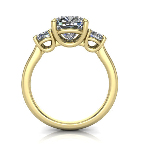 Emma cushion three stone engagement ring in 14K Yellow Gold, through-finger front profile showing the three-stone head raised above the slim polished shank and trellis gallery