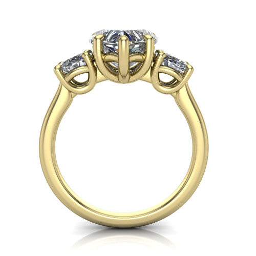Emma heart three stone engagement ring in 14K Yellow Gold, through-finger front profile showing the three-stone head raised above the slim polished shank and trellis gallery