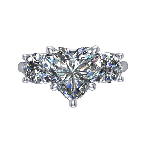 Emma heart three stone engagement ring in 14K White Gold, top-down view showing the center diamond flanked by two round side stones in a classic three stone setting