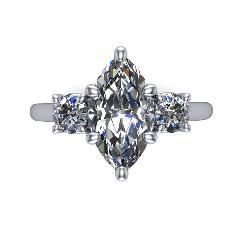 Emma marquise three stone engagement ring in Platinum, top-down view showing the center diamond flanked by two round side stones in a classic three stone setting