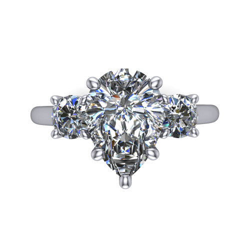 Emma pear three stone engagement ring in 14K White Gold, top-down view showing the center diamond flanked by two round side stones in a classic three stone setting