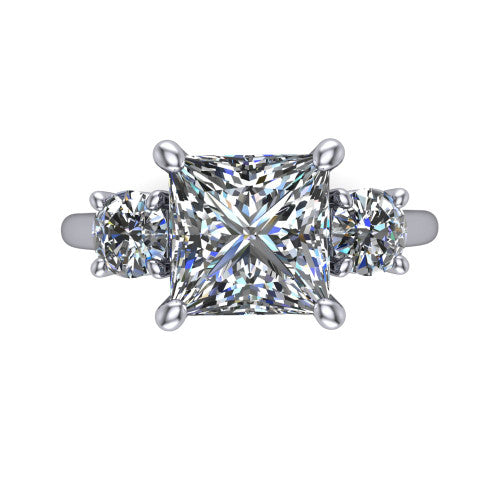Emma princess three stone engagement ring in Platinum, top-down view showing the center diamond flanked by two round side stones in a classic three stone setting