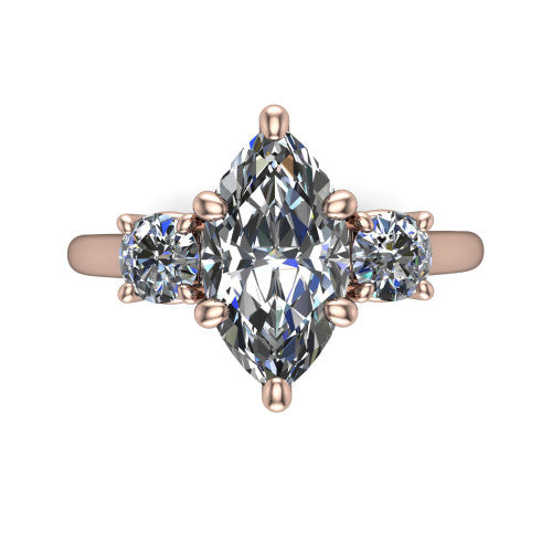 Emma marquise three stone engagement ring in 18K Rose Gold, top-down view showing the center diamond flanked by two round side stones in a classic three stone setting