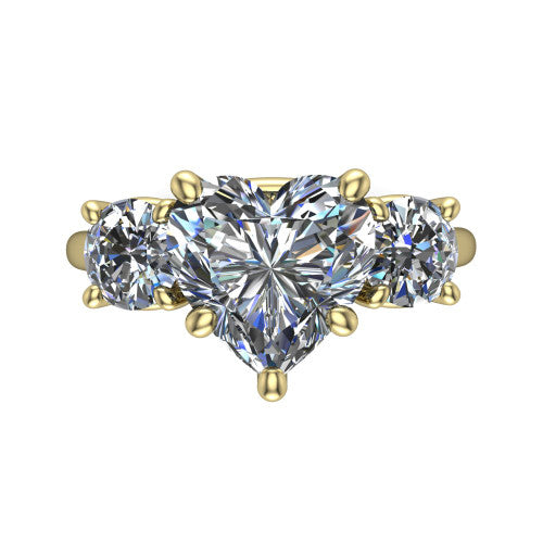 Emma heart three stone engagement ring in 14K Yellow Gold, top-down view showing the center diamond flanked by two round side stones in a classic three stone setting