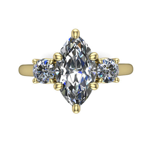 Emma marquise three stone engagement ring in 18K Yellow Gold, top-down view showing the center diamond flanked by two round side stones in a classic three stone setting